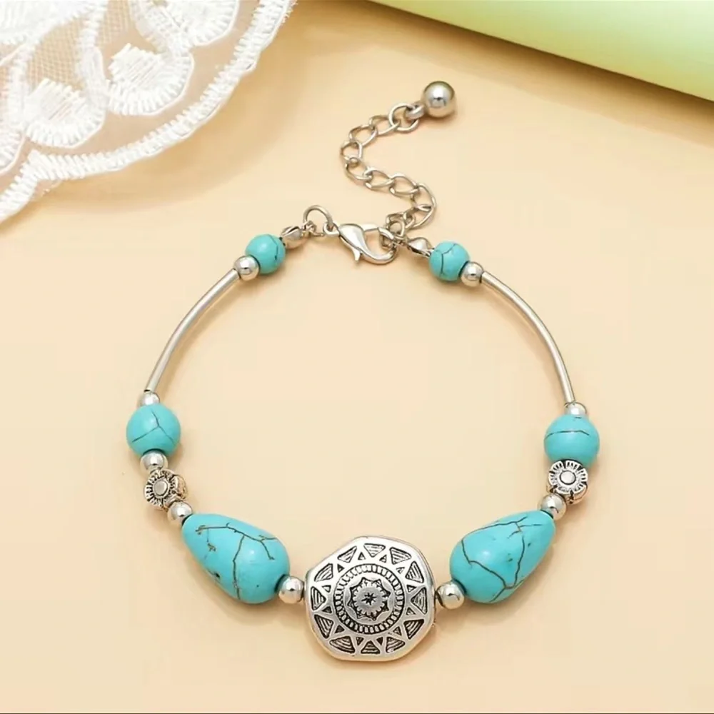 Boho Turquoise Bead Silver Tone Bracelet